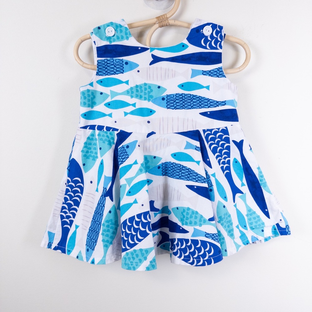 Little Loaves & Fishes Dress Kids 18M Blue White Fish Print Nautical Bow Back